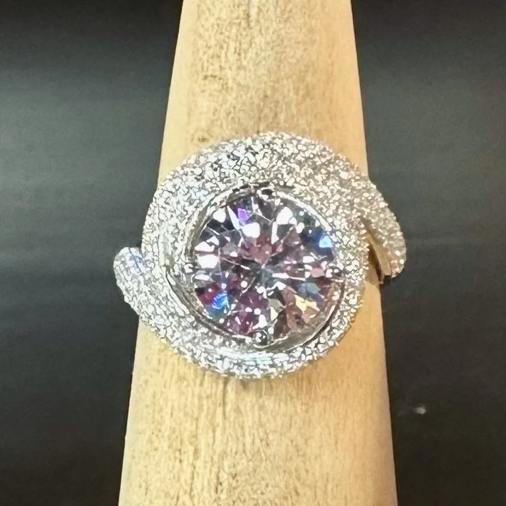 NEW White Cubic Zirconia Rhodium-Plated 925 Sterling Silver Spiral Wrap Ring